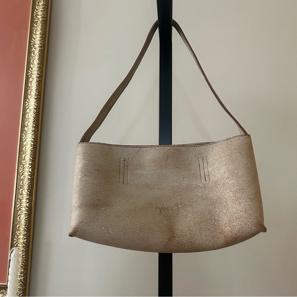Furla Metallic Gold Beige Distressed Shoulder Bag Mini Small Purse Made in Italy